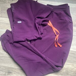 Figs Women's Scrub Set in Plum with Orange Drawstring